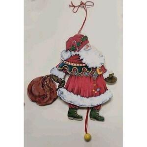 Vintage Wood Mary Engelbreit Pull String Jumping Jack Santa Ornament 7x7.5 Inch